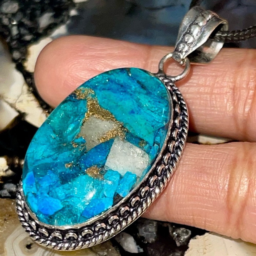 Blue Spiny Turquoise in Copper Pendant 2 1/4”